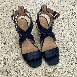 TOMMY HILFIGER Navy Blue Croc Vegan Leather Gold Block Heels Size 8 1/2